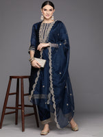Thumbnail for Indo Era Blue Embroidered Straight Kurta Trousers With Dupatta Set - Distacart