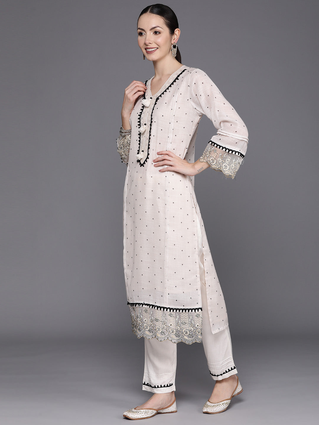 Indo Era Cream Embroidered Straight Kurta Trousers With Dupatta Set - Distacart