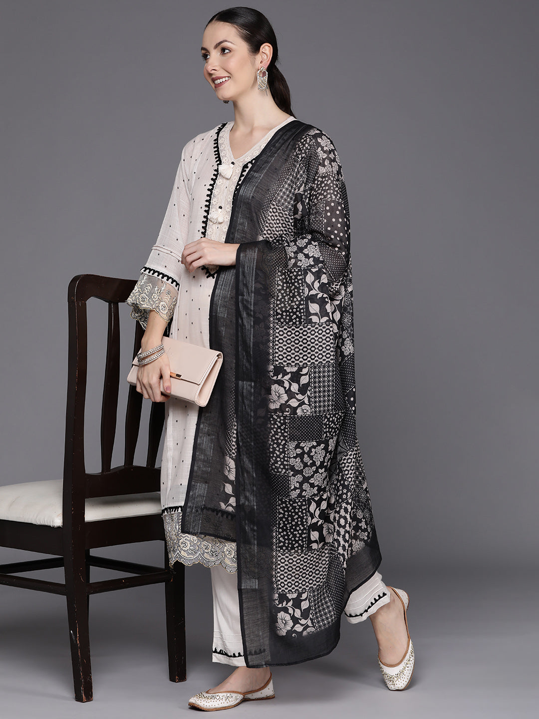Indo Era Cream Embroidered Straight Kurta Trousers With Dupatta Set - Distacart
