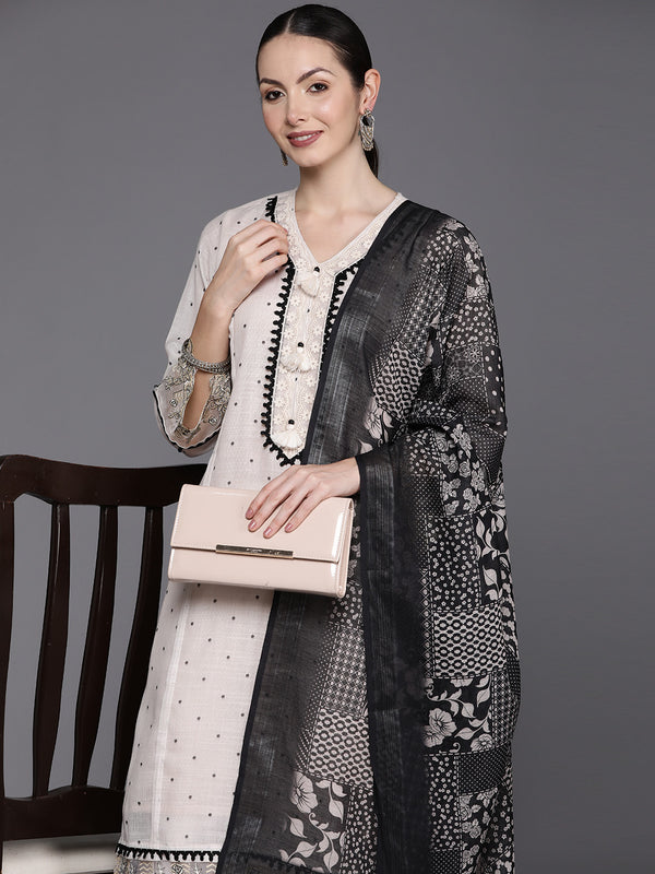 Indo Era Cream Embroidered Straight Kurta Trousers With Dupatta Set - Distacart