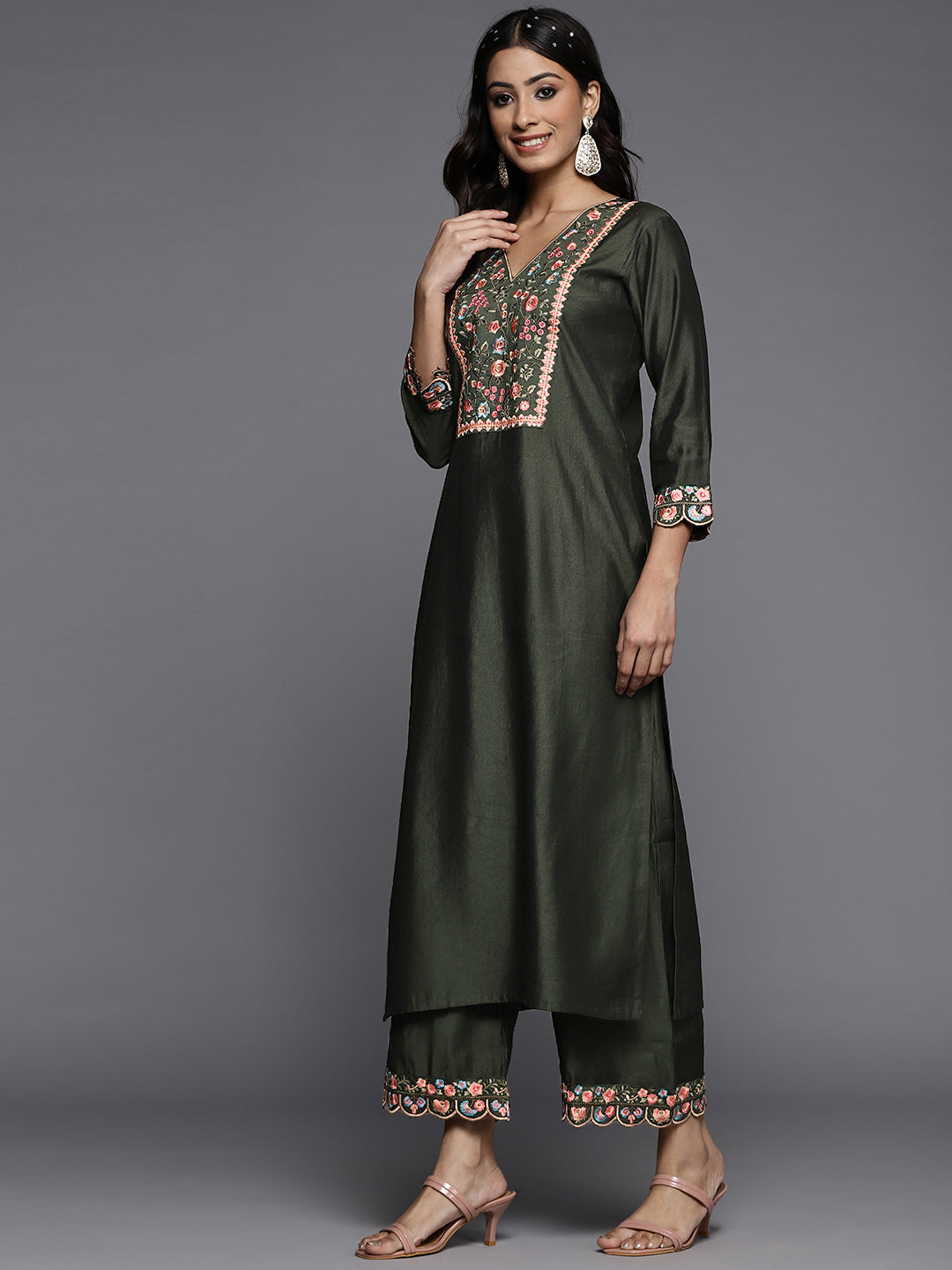 Indo Era Green Embroidered Straight Kurta Palazzos With Dupatta Set - Distacart