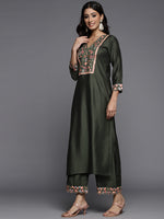 Thumbnail for Indo Era Green Embroidered Straight Kurta Palazzos With Dupatta Set - Distacart