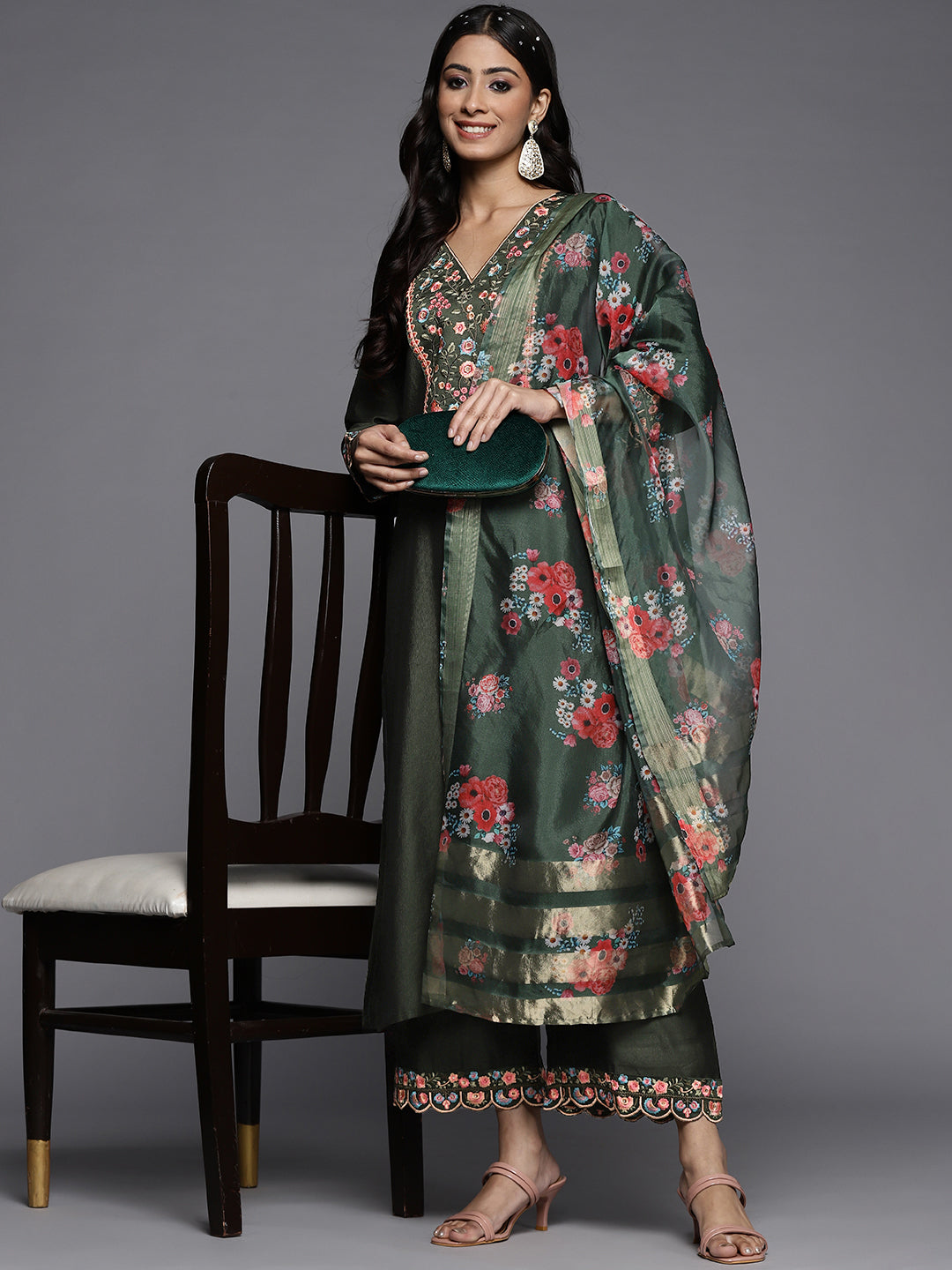 Indo Era Green Embroidered Straight Kurta Palazzos With Dupatta Set - Distacart