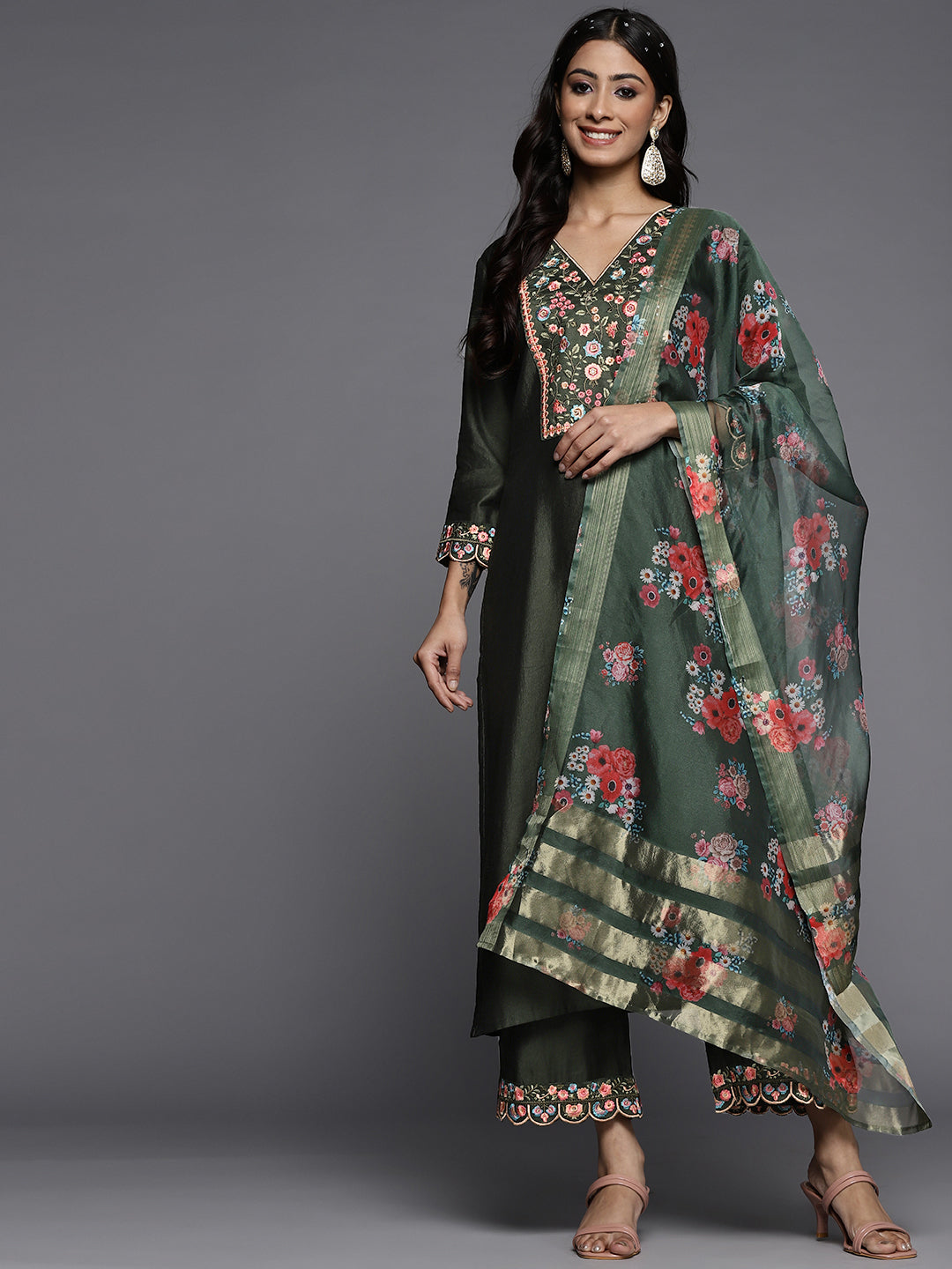 Indo Era Green Embroidered Straight Kurta Palazzos With Dupatta Set - Distacart
