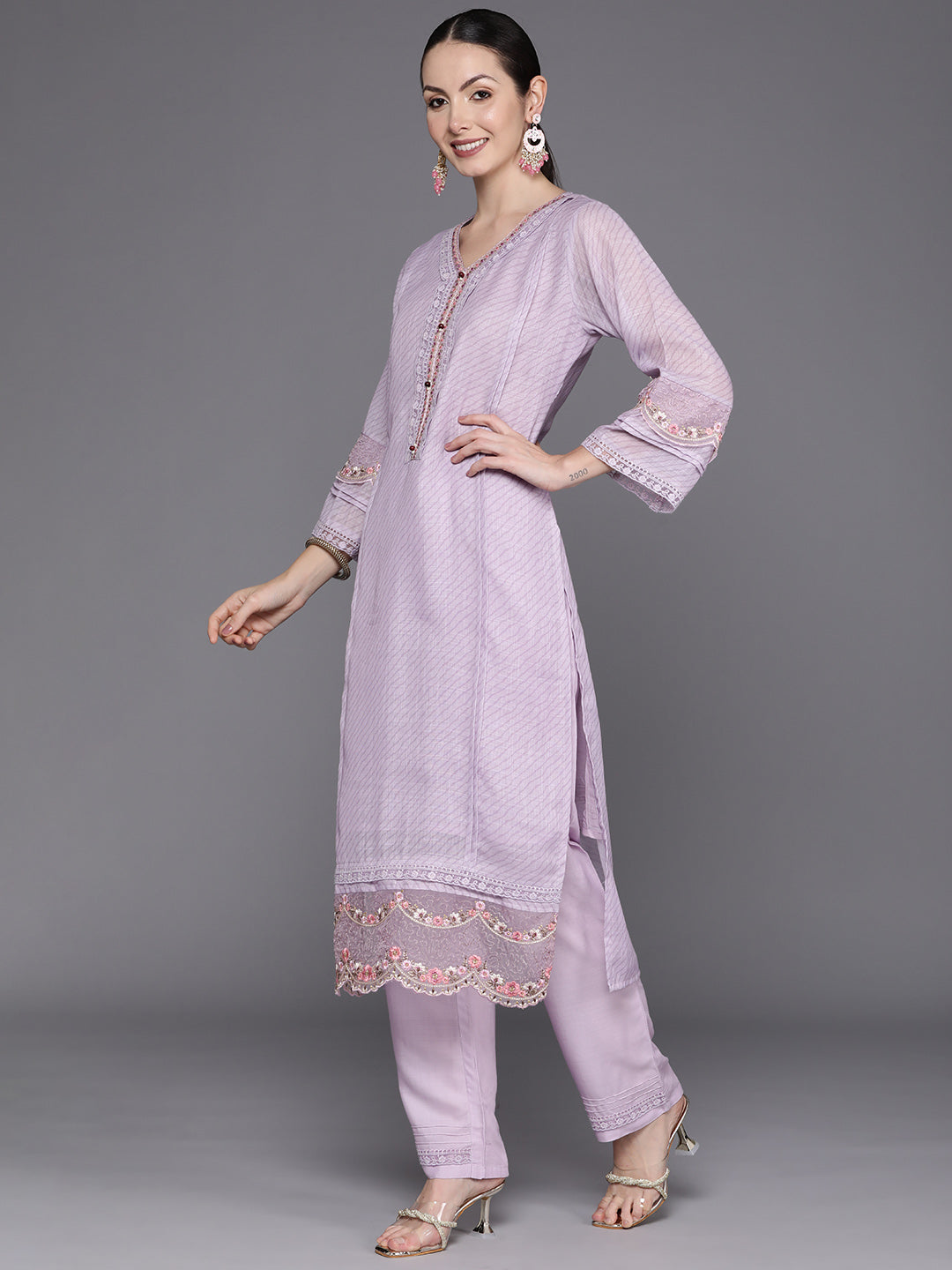 Indo Era Lavender Embroidered Straight Kurta Trousers With Dupatta Set - Distacart