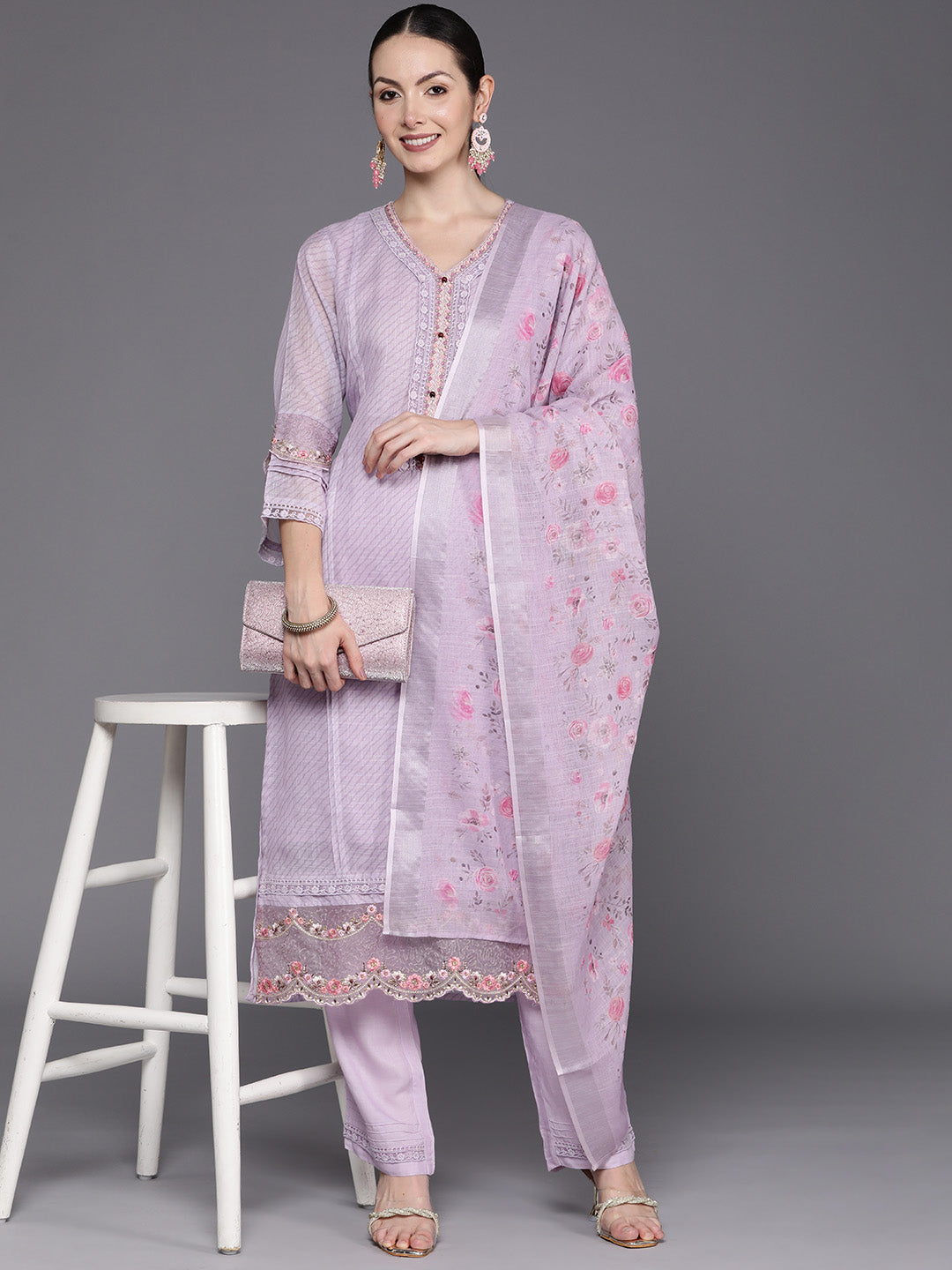 Indo Era Lavender Embroidered Straight Kurta Trousers With Dupatta Set - Distacart