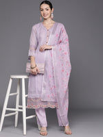 Thumbnail for Indo Era Lavender Embroidered Straight Kurta Trousers With Dupatta Set - Distacart