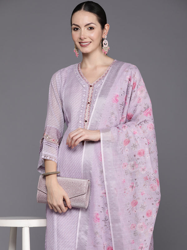 Indo Era Lavender Embroidered Straight Kurta Trousers With Dupatta Set - Distacart