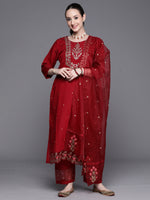 Thumbnail for Indo Era Maroon Embroidered Ethnic Straight Kurta Trousers With Dupatta Set - Distacart