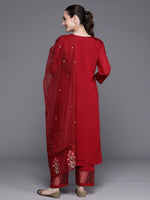 Thumbnail for Indo Era Maroon Embroidered Ethnic Straight Kurta Trousers With Dupatta Set - Distacart