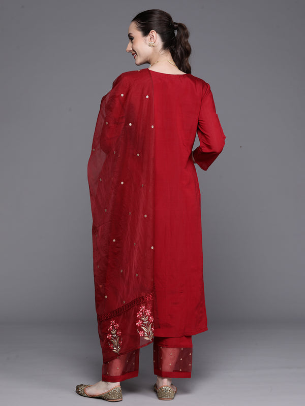 Indo Era Maroon Embroidered Ethnic Straight Kurta Trousers With Dupatta Set - Distacart