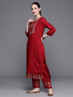 Thumbnail for Indo Era Maroon Embroidered Ethnic Straight Kurta Trousers With Dupatta Set - Distacart