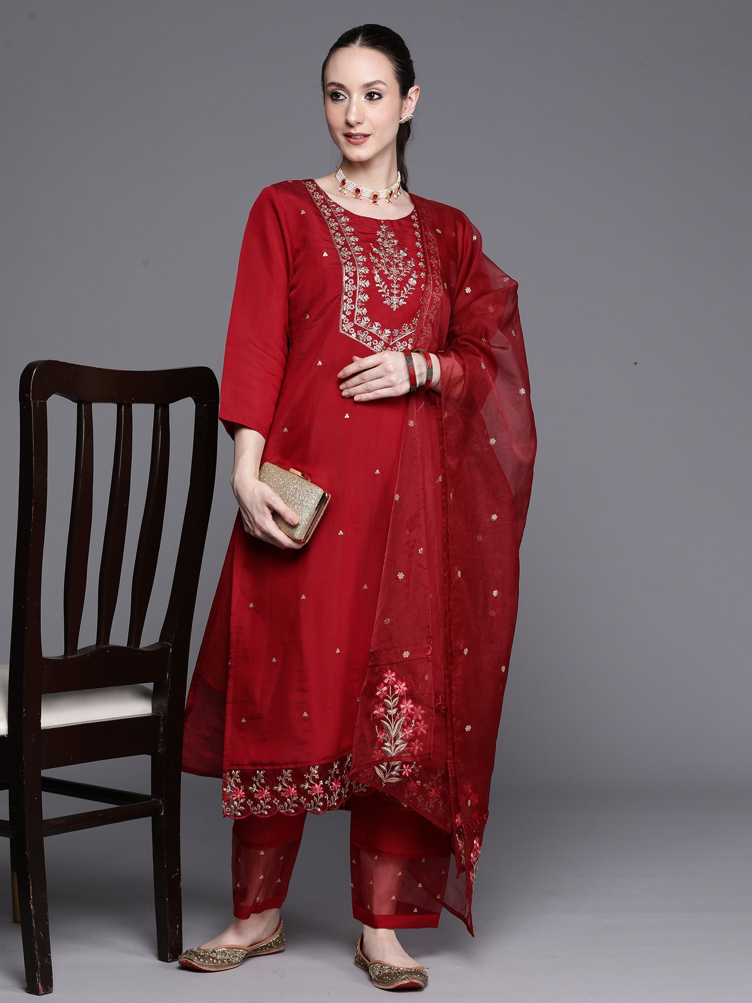 Indo Era Maroon Embroidered Ethnic Straight Kurta Trousers With Dupatta Set - Distacart