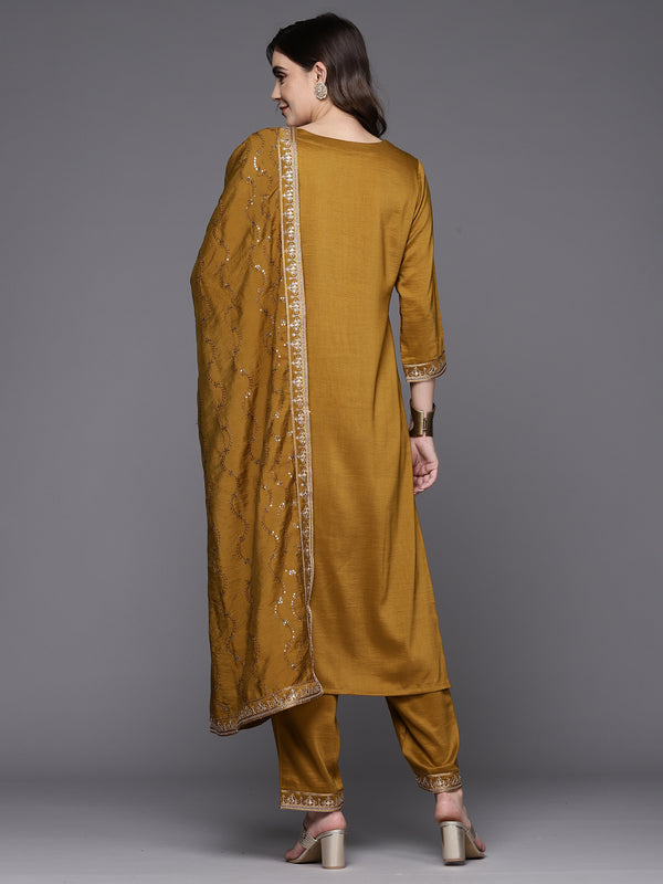Indo Era Mustard Embroidered Straight Kurta Trousers With Dupatta Set - Distacart