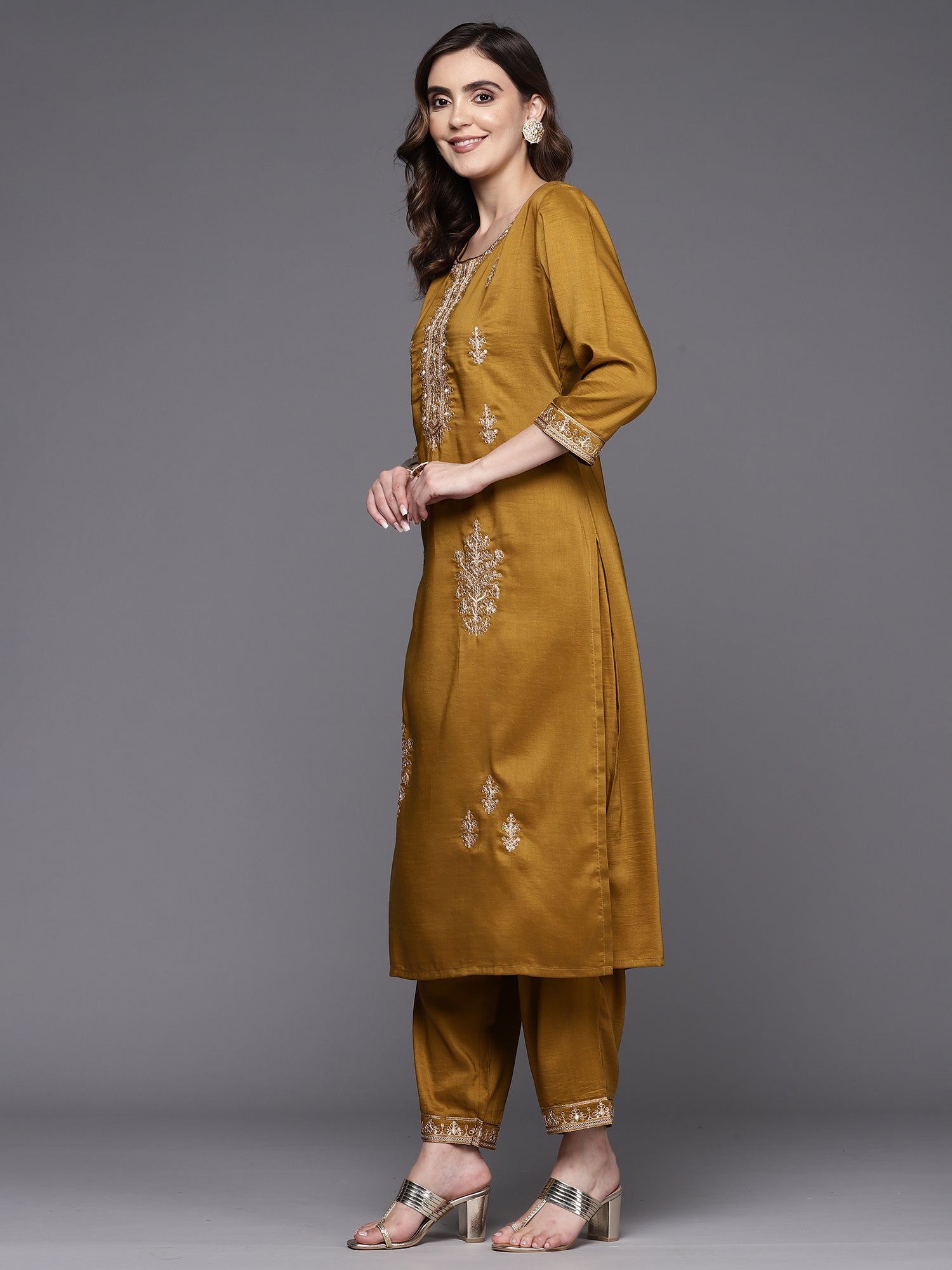 Indo Era Mustard Embroidered Straight Kurta Trousers With Dupatta Set - Distacart