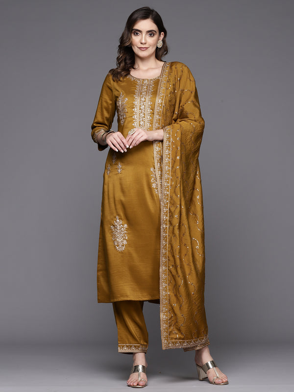 Indo Era Mustard Embroidered Straight Kurta Trousers With Dupatta Set - Distacart