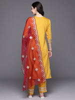 Thumbnail for Indo Era Mustard Embroidered Straight Kurta Trousers With Dupatta Set - Distacart