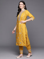 Thumbnail for Indo Era Mustard Embroidered Straight Kurta Trousers With Dupatta Set - Distacart