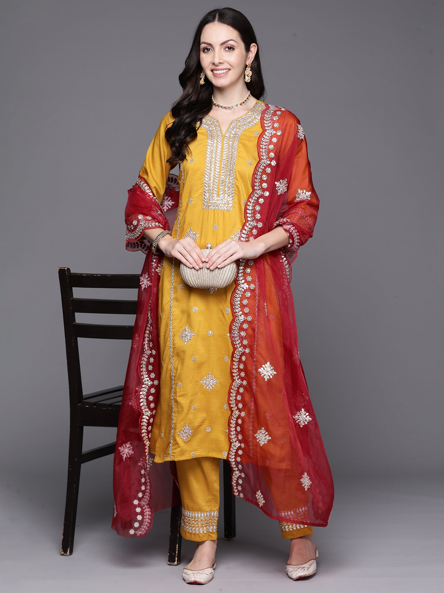 Indo Era Mustard Embroidered Straight Kurta Trousers With Dupatta Set - Distacart