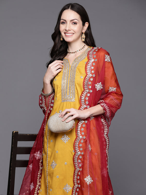Indo Era Mustard Embroidered Straight Kurta Trousers With Dupatta Set - Distacart
