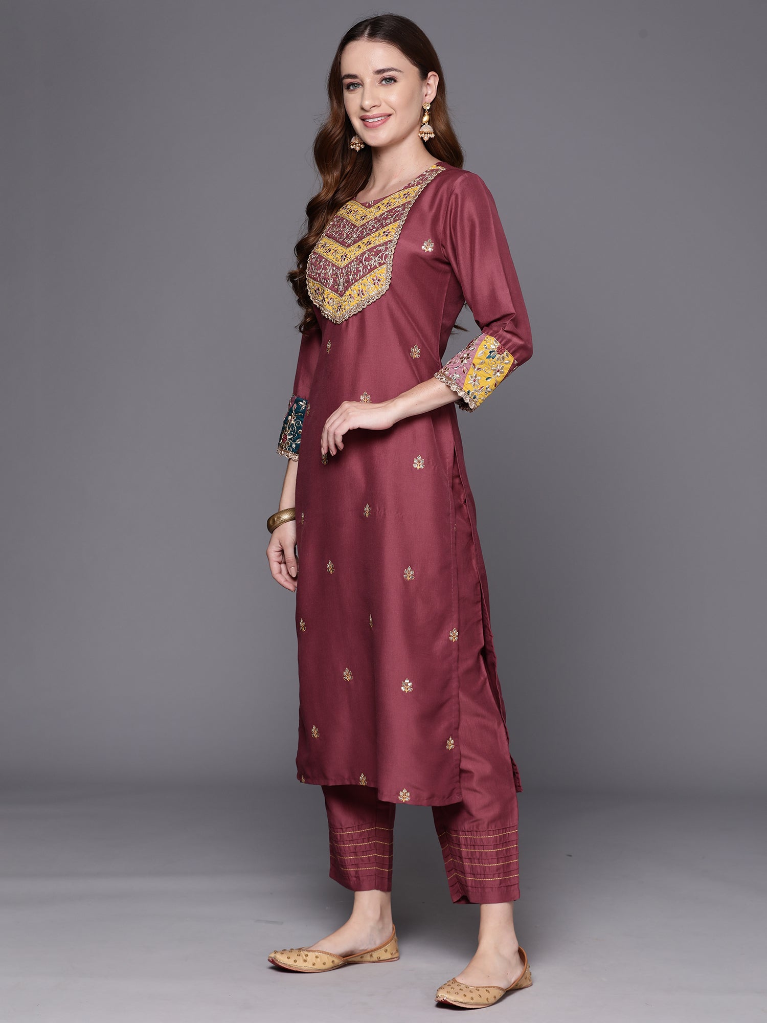 Indo Era Mauve Embroidered Straight Kurta Trousers With Dupatta Set - Distacart