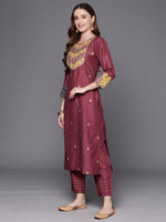 Thumbnail for Indo Era Mauve Embroidered Straight Kurta Trousers With Dupatta Set - Distacart