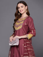 Thumbnail for Indo Era Mauve Embroidered Straight Kurta Trousers With Dupatta Set - Distacart