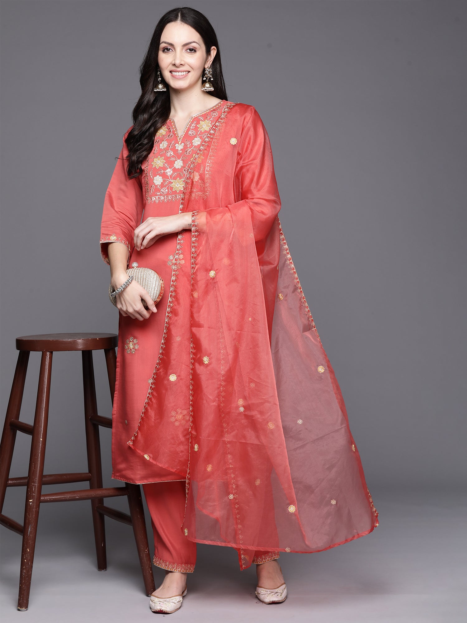 Indo Era Orange Embroidered Straight Kurta Trousers With Dupatta Set - Distacart