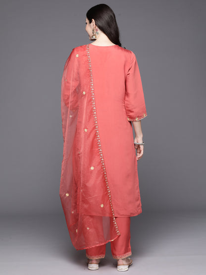Indo Era Orange Embroidered Straight Kurta Trousers With Dupatta Set - Distacart