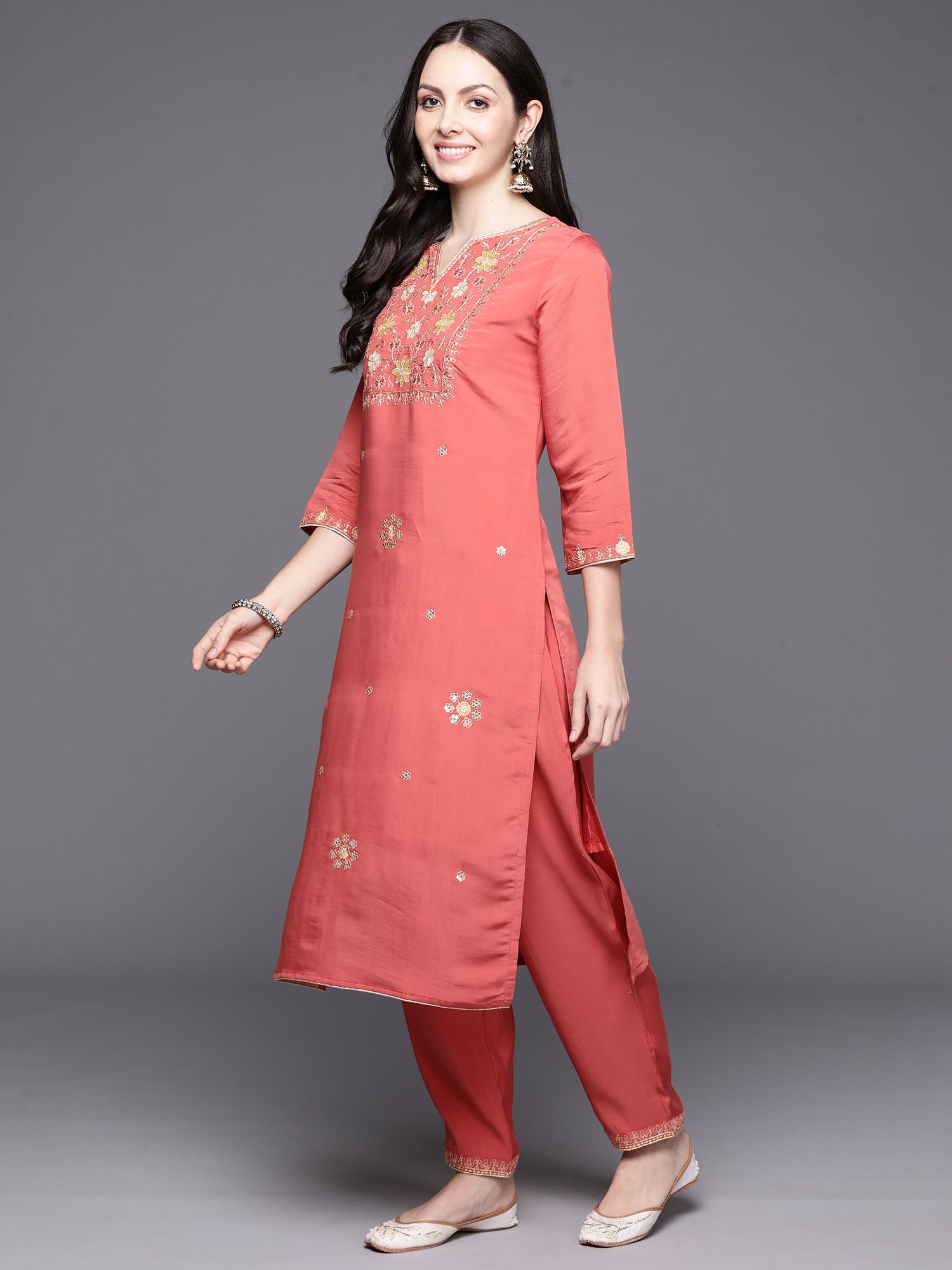 Indo Era Orange Embroidered Straight Kurta Trousers With Dupatta Set - Distacart