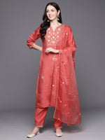 Thumbnail for Indo Era Orange Embroidered Straight Kurta Trousers With Dupatta Set - Distacart