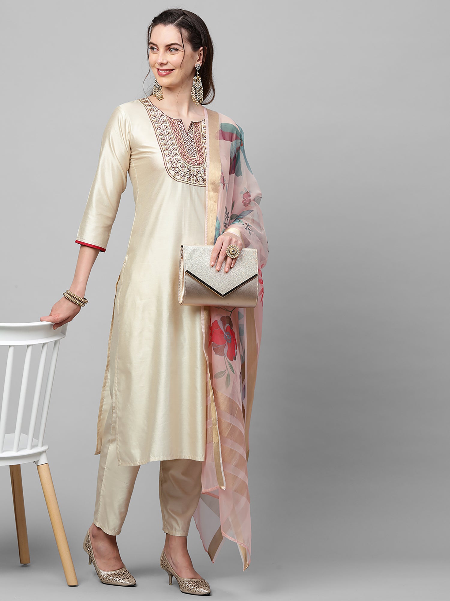 Indo Era Off White Embroidered Straight Kurta Trouser With Dupatta Set - Distacart