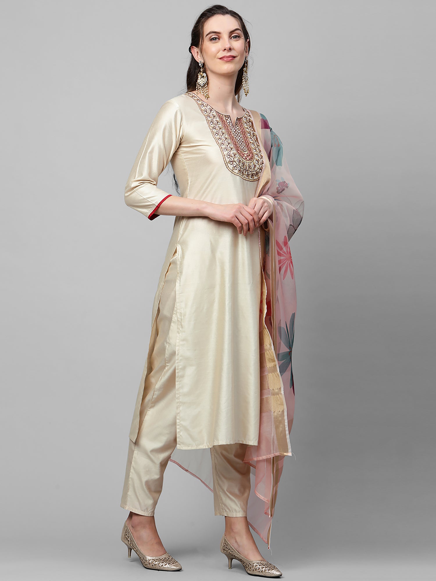 Indo Era Off White Embroidered Straight Kurta Trouser With Dupatta Set - Distacart
