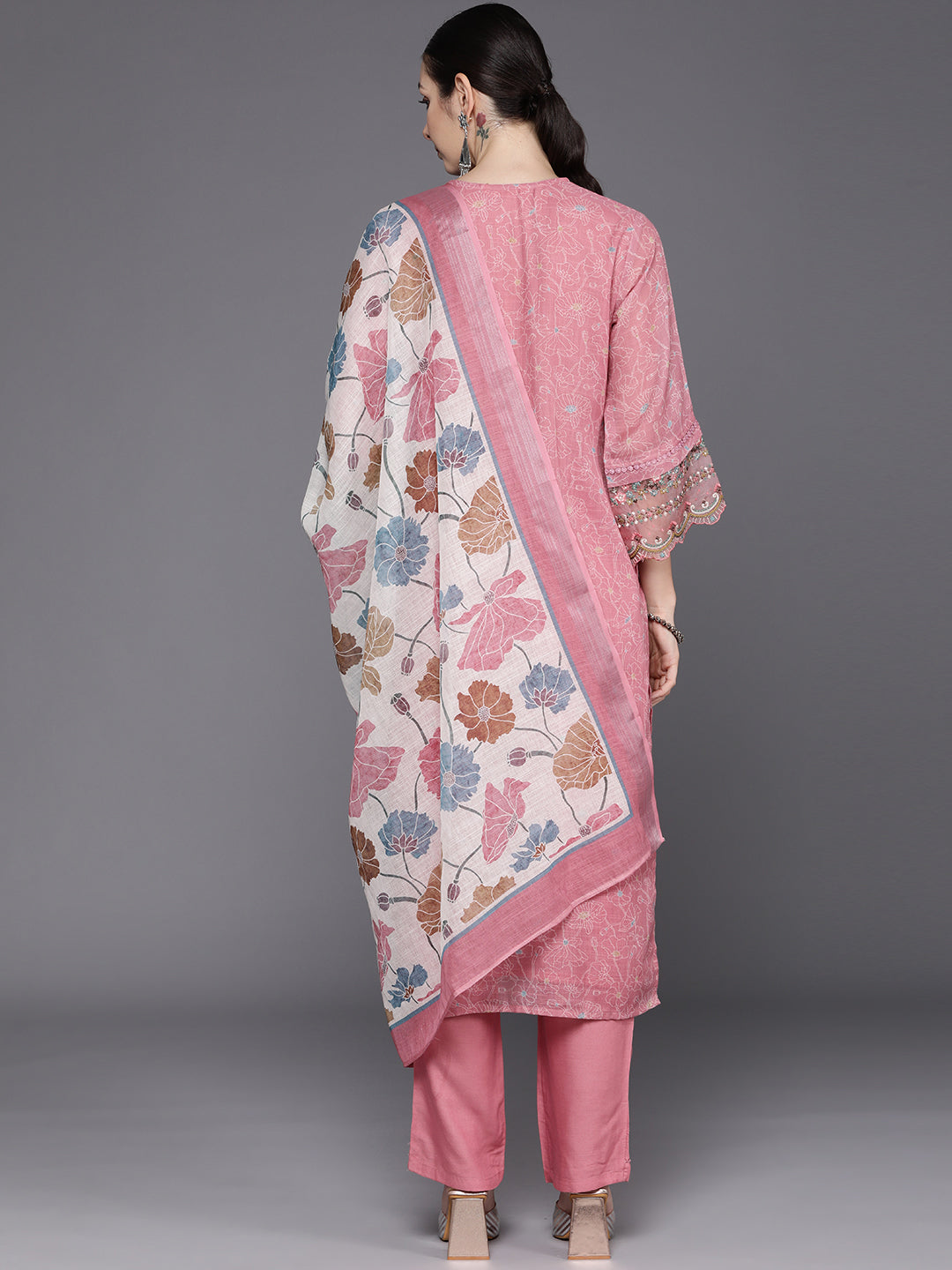 Indo Era Peach Embroidered Straight Kurta Trousers With Dupatta Set - Distacart