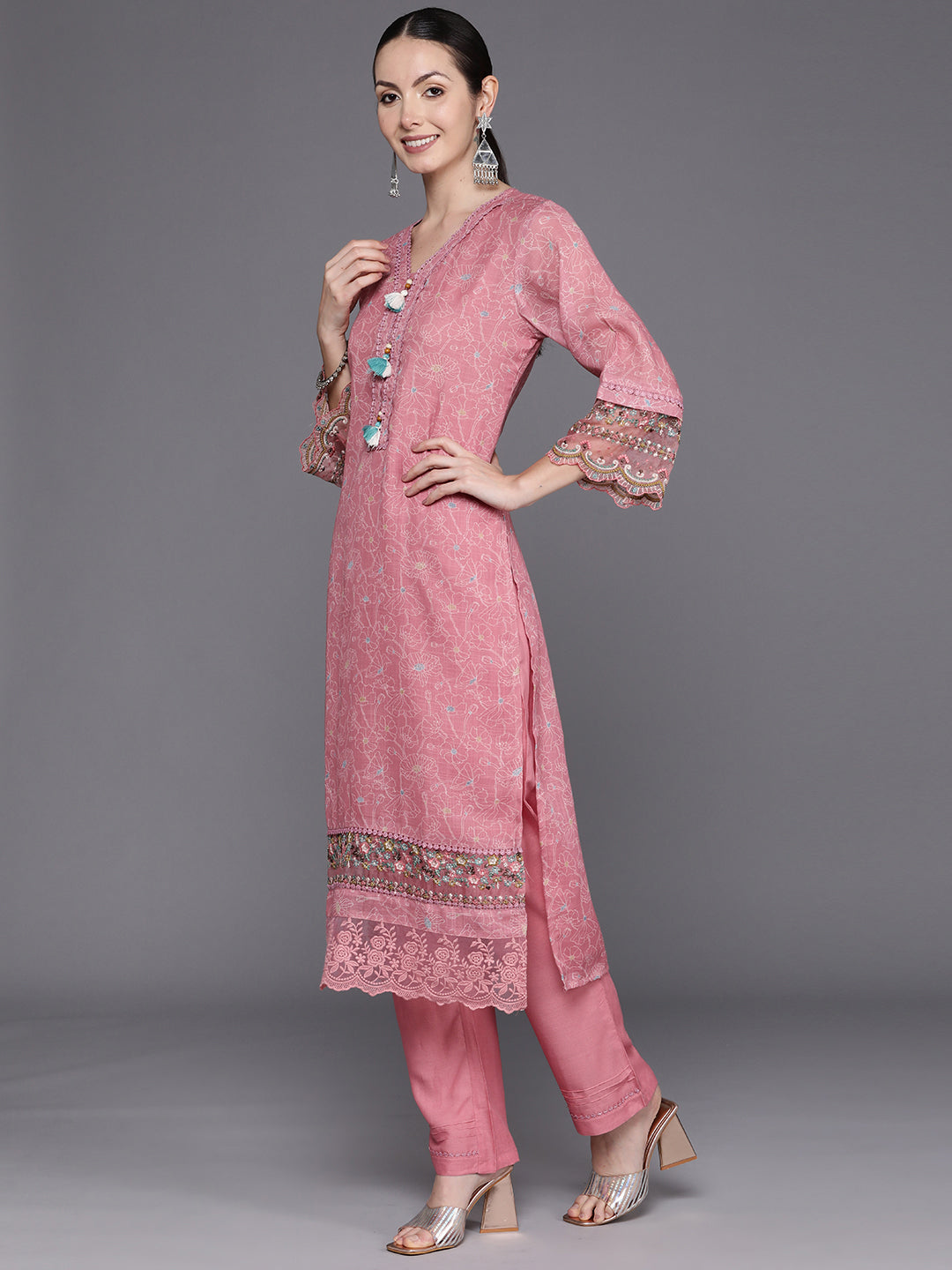 Indo Era Peach Embroidered Straight Kurta Trousers With Dupatta Set - Distacart