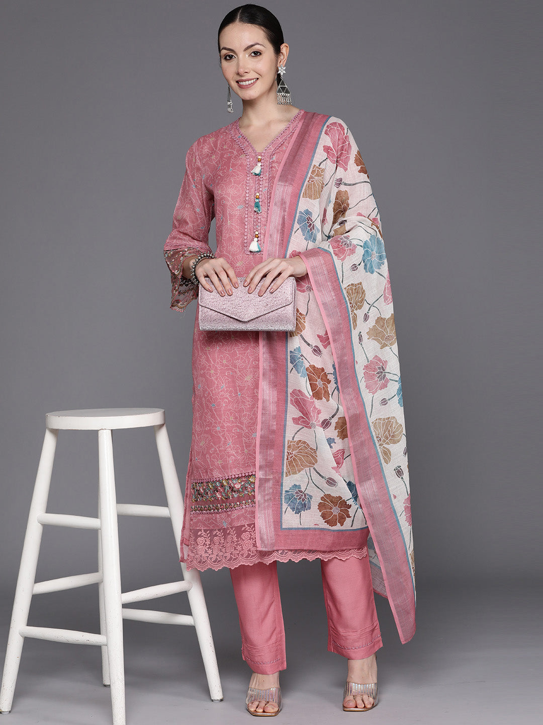 Indo Era Peach Embroidered Straight Kurta Trousers With Dupatta Set - Distacart