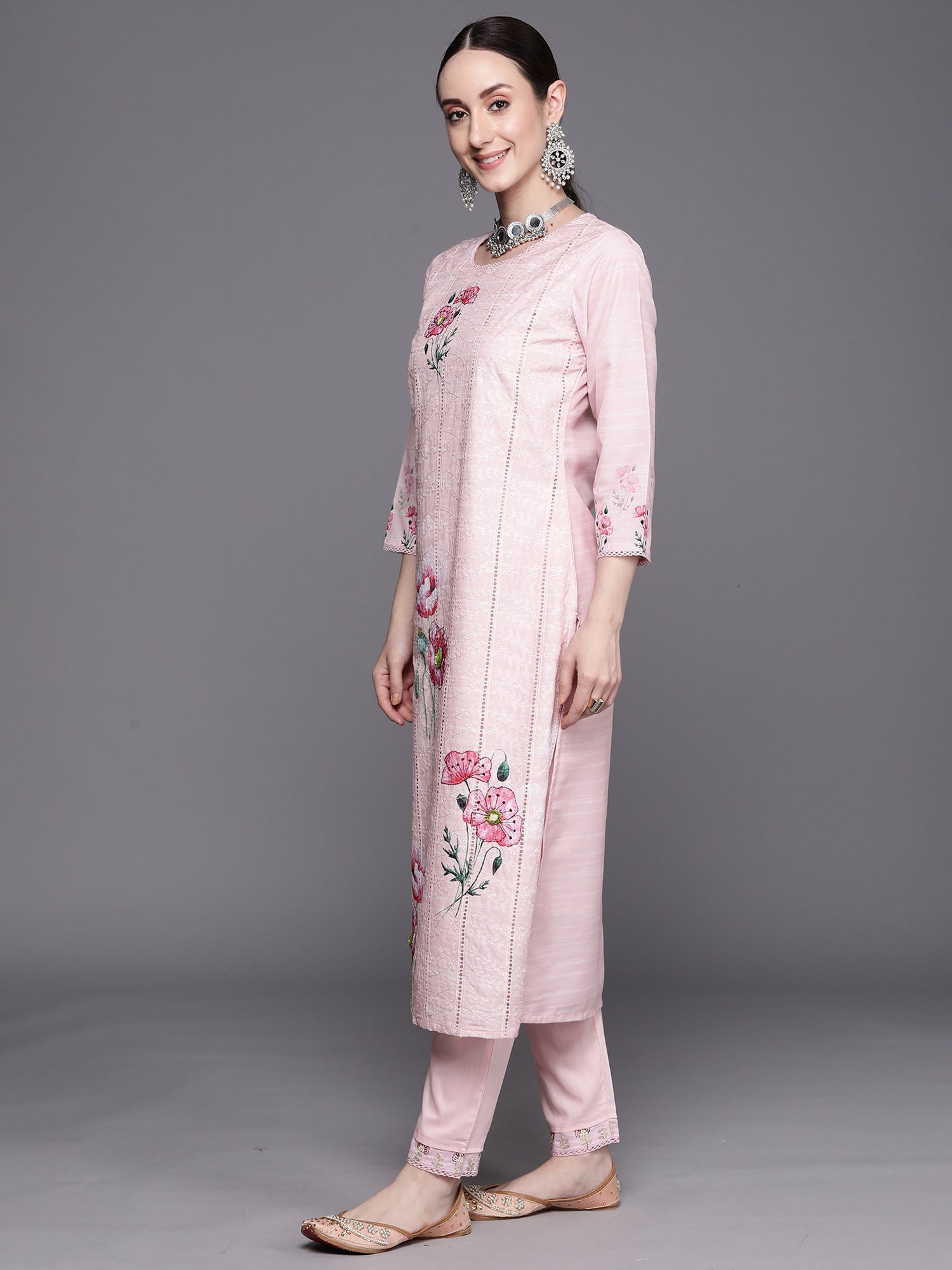 Indo Era Pink Embroidered Straight Kurta Trousers With Dupatta Set - Distacart