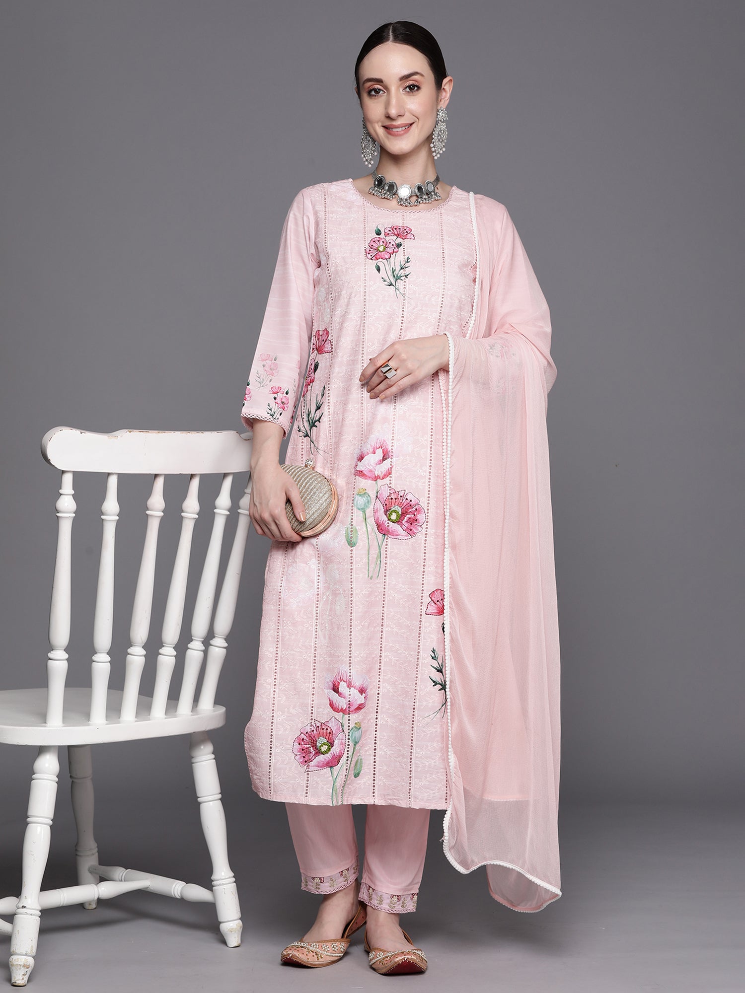 Indo Era Pink Embroidered Straight Kurta Trousers With Dupatta Set - Distacart