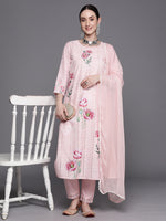 Thumbnail for Indo Era Pink Embroidered Straight Kurta Trousers With Dupatta Set - Distacart