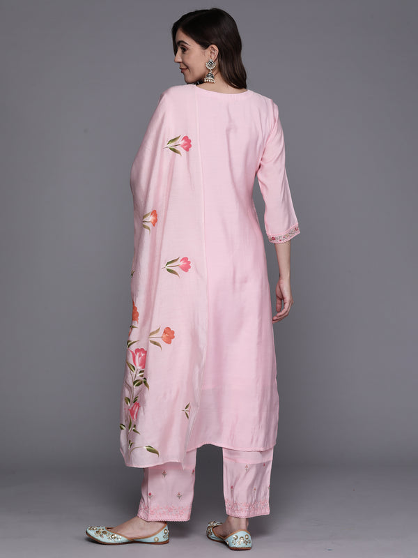 Indo Era Pink Embroidered Straight Kurta Trousers With Dupatta Set - Distacart