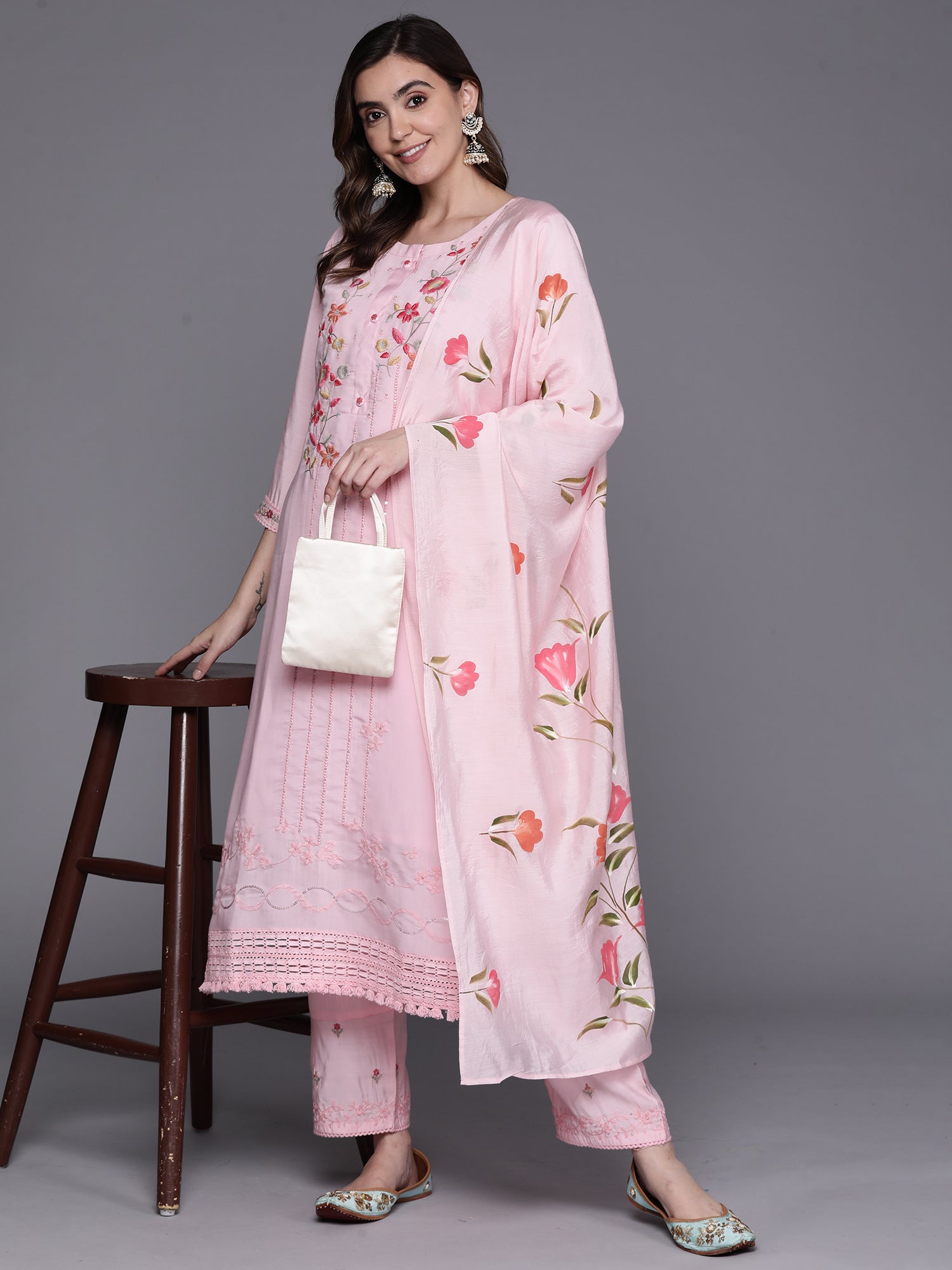 Indo Era Pink Embroidered Straight Kurta Trousers With Dupatta Set - Distacart