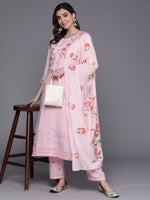 Thumbnail for Indo Era Pink Embroidered Straight Kurta Trousers With Dupatta Set - Distacart