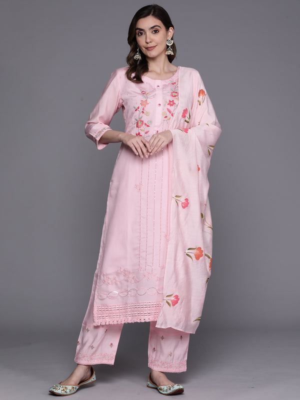 Indo Era Pink Embroidered Straight Kurta Trousers With Dupatta Set - Distacart