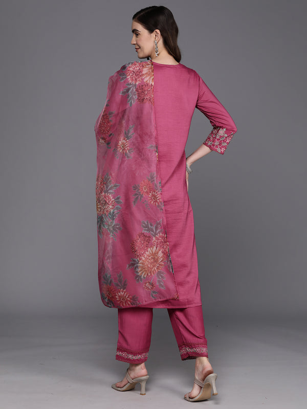 Indo Era Pink Embroidered Straight Kurta Trousers With Dupatta Set - Distacart