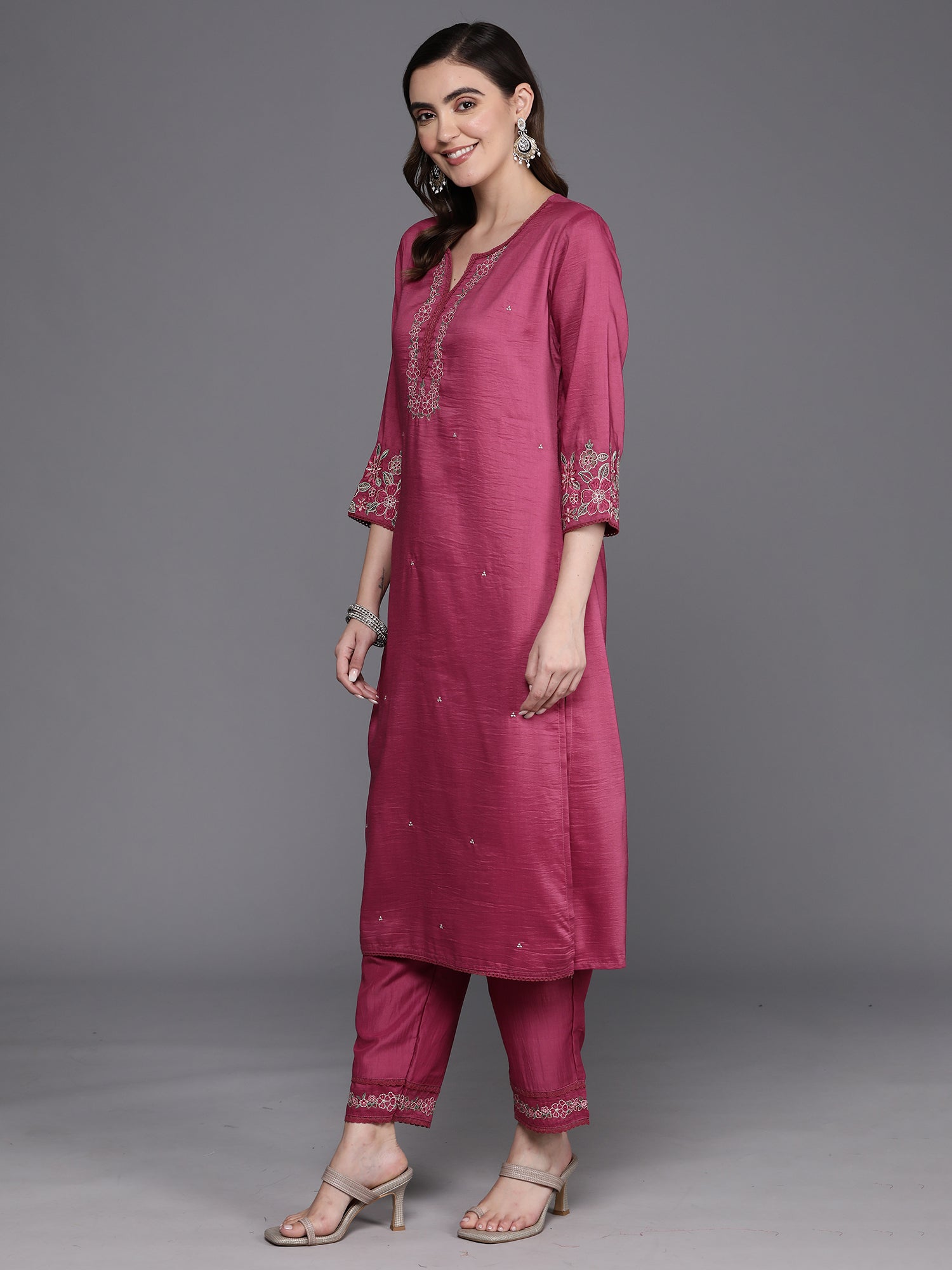 Indo Era Pink Embroidered Straight Kurta Trousers With Dupatta Set - Distacart