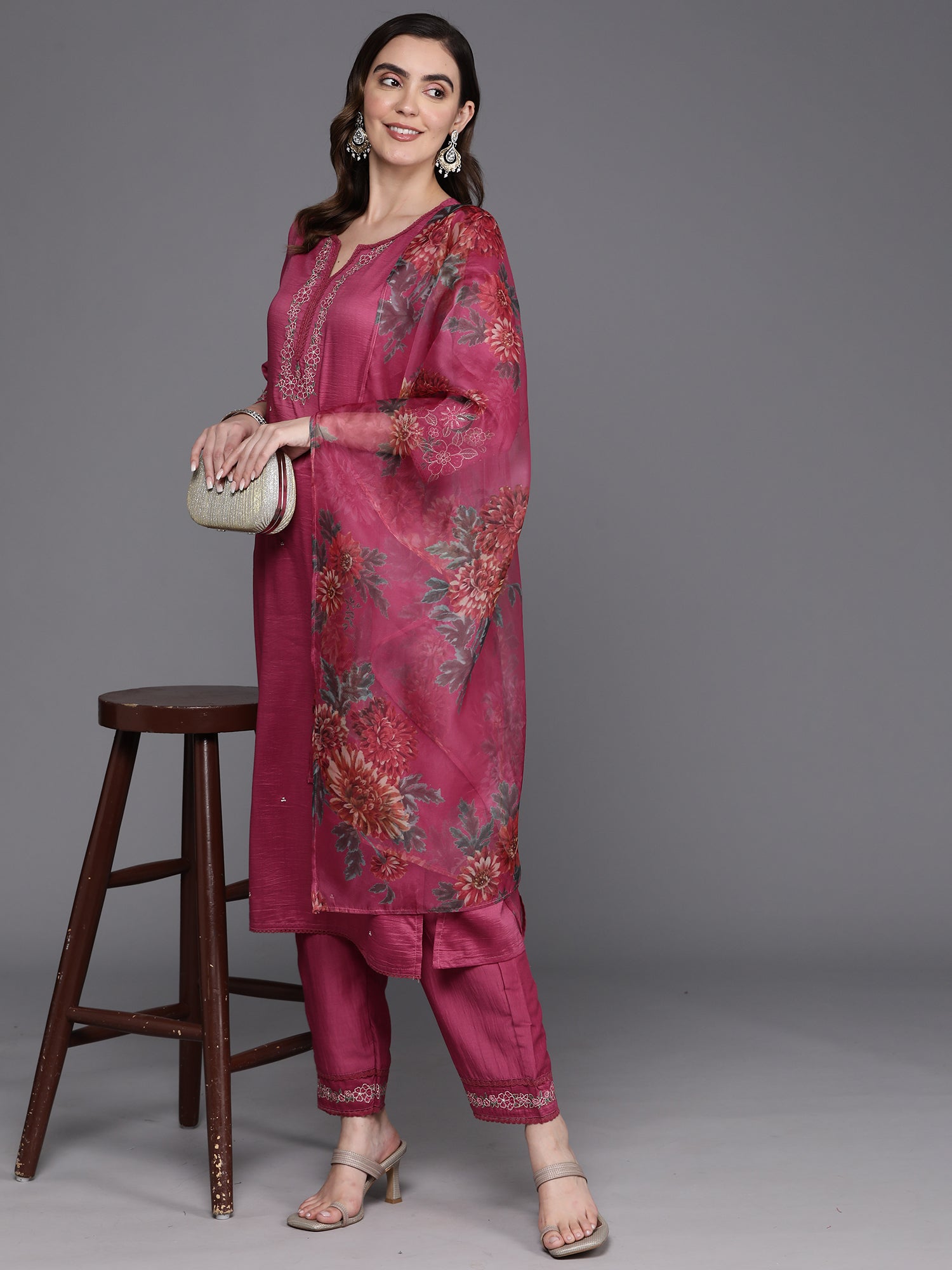 Indo Era Pink Embroidered Straight Kurta Trousers With Dupatta Set - Distacart