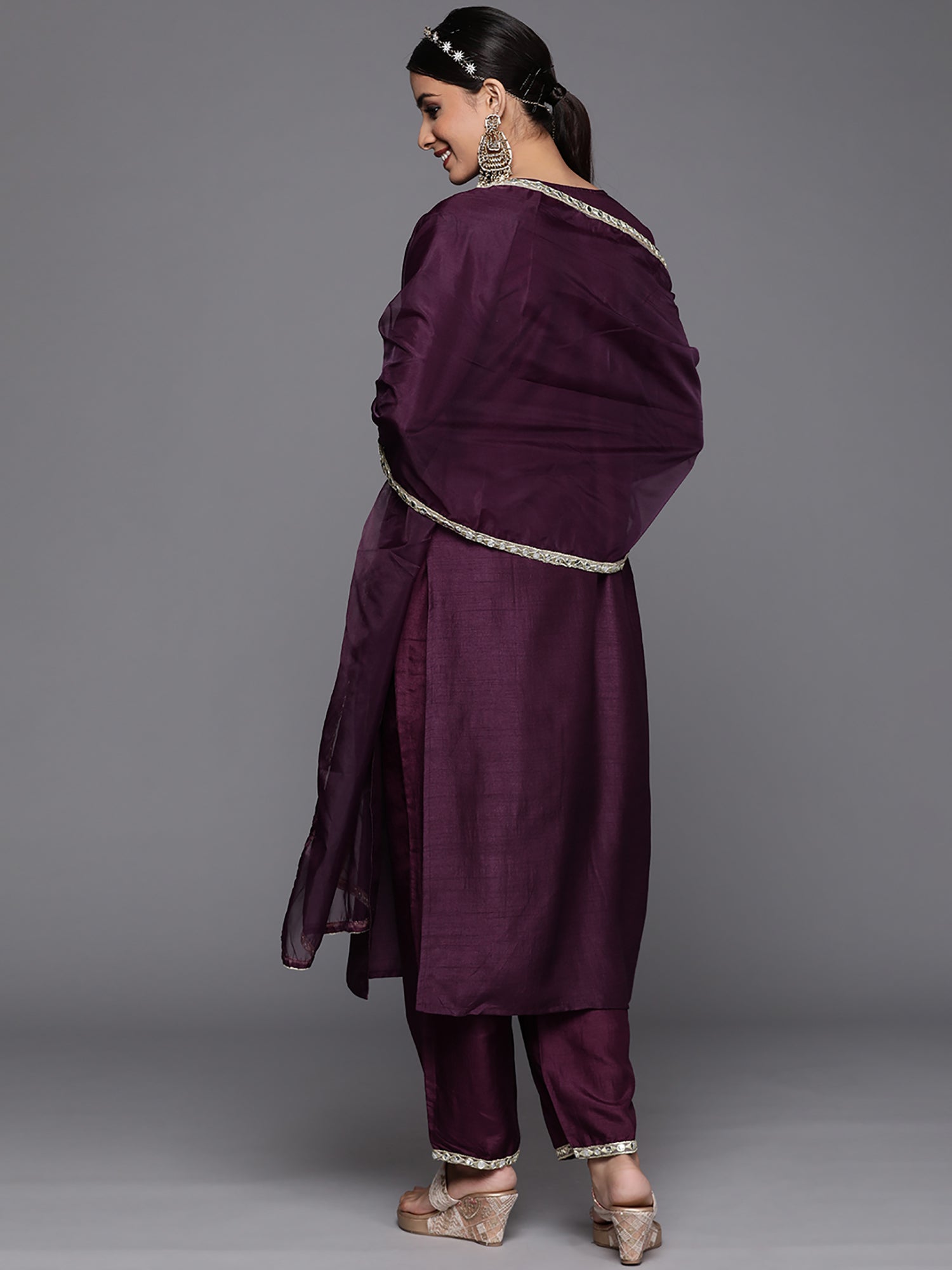 Indo Era Purple Solid Straight Kurta Trouser With Dupatta Set - Distacart