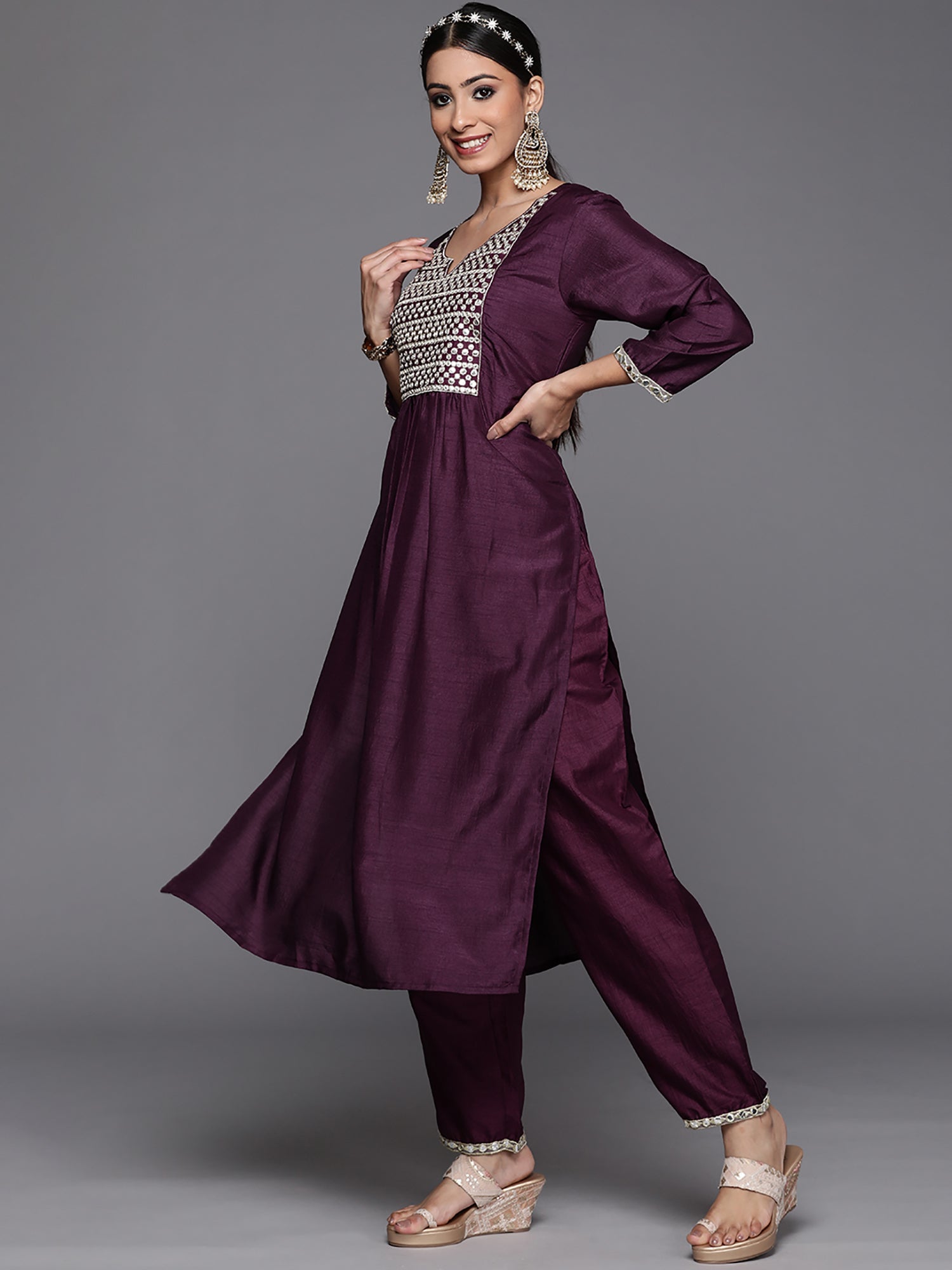 Indo Era Purple Solid Straight Kurta Trouser With Dupatta Set - Distacart