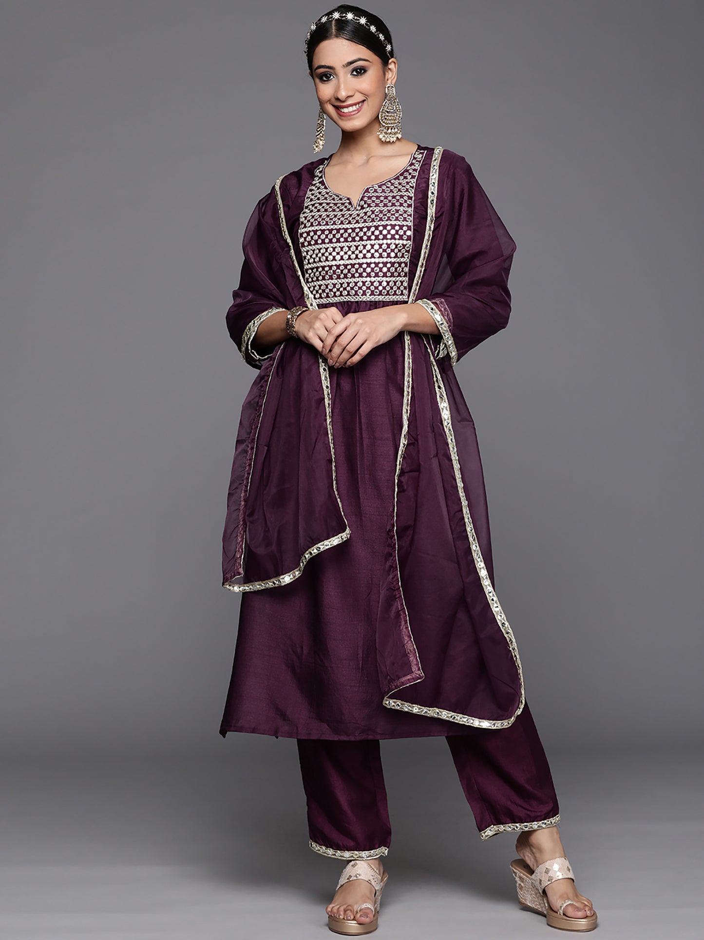 Indo Era Purple Solid Straight Kurta Trouser With Dupatta Set - Distacart