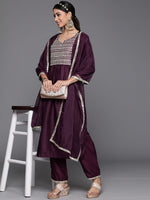 Thumbnail for Indo Era Purple Solid Straight Kurta Trouser With Dupatta Set - Distacart